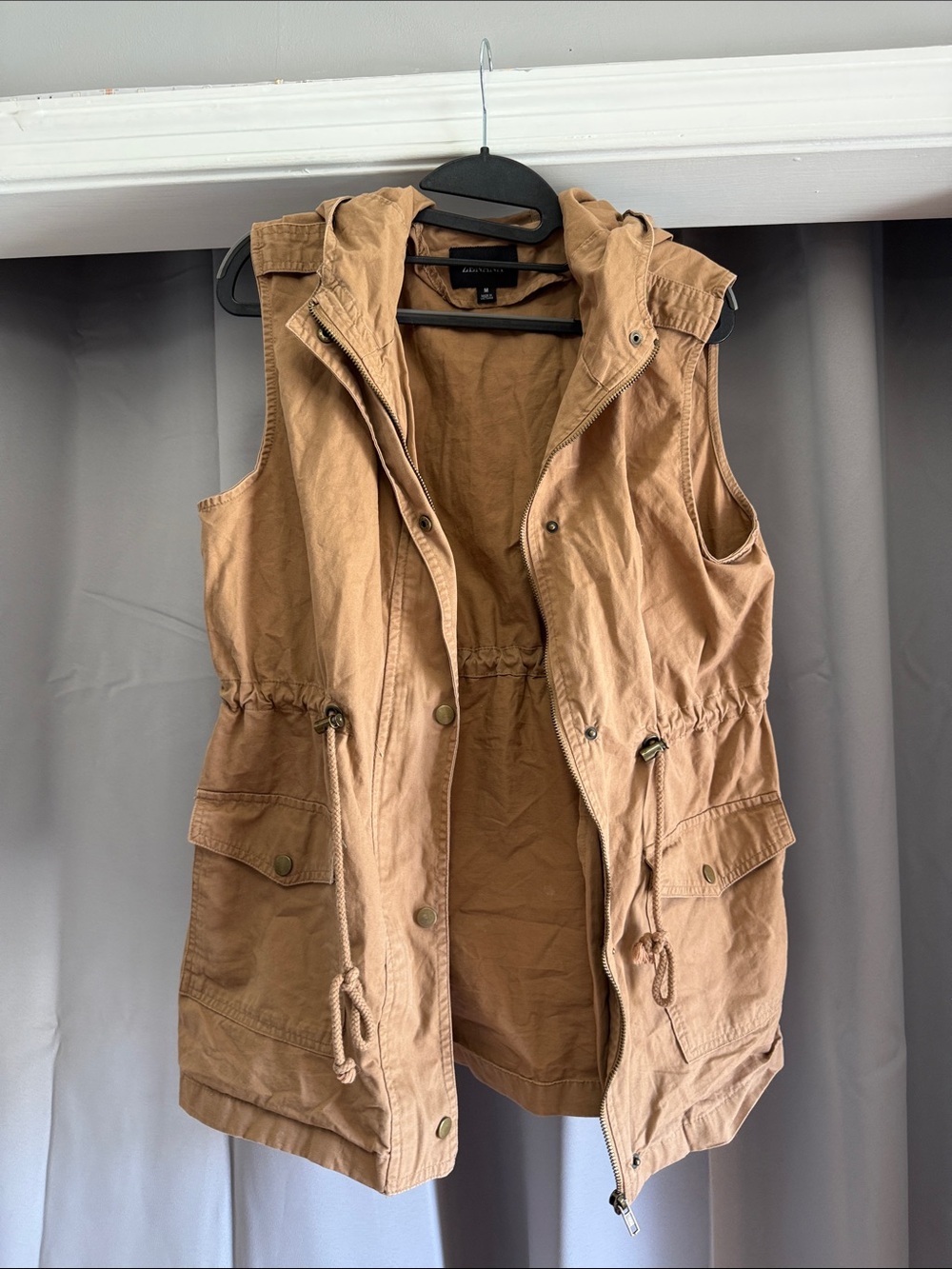 Zenana Outfitters Hooded Utility Vest in Tan